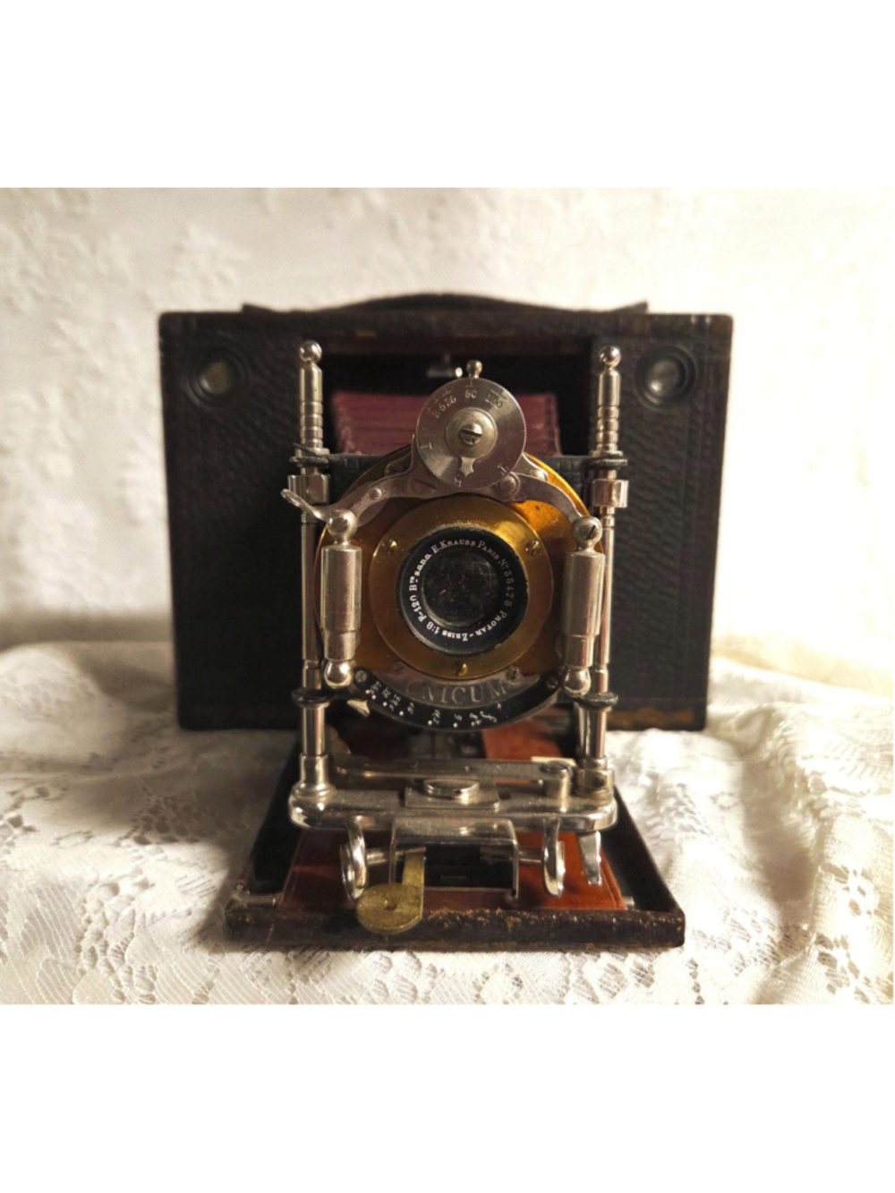 Kodak Folding Camera with Bausch & Lomb Zeiss Lens, Maroon Bellows, Leather Case